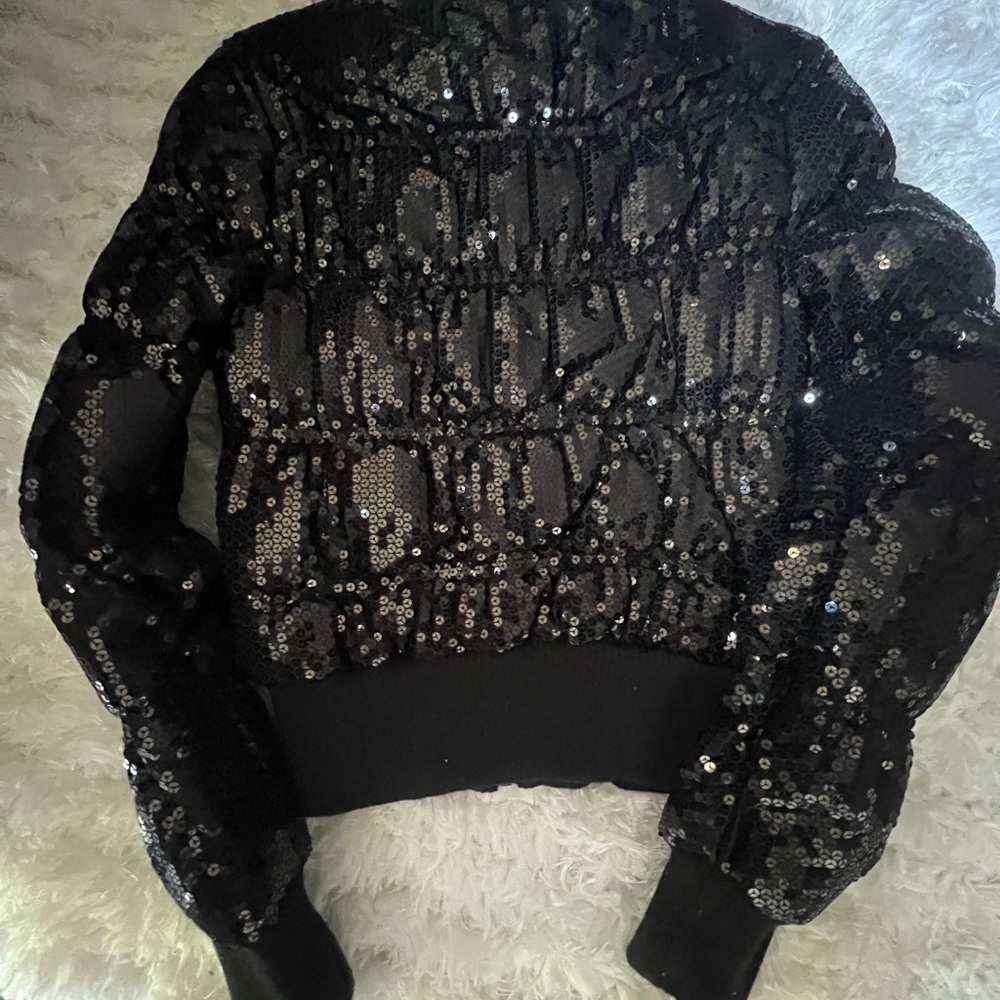 Bebe Black Bomber Jacket with Glossy Finish and Ribbed Cuffs